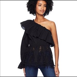 BCBG Maxazria One Shoulder Embroidered Top